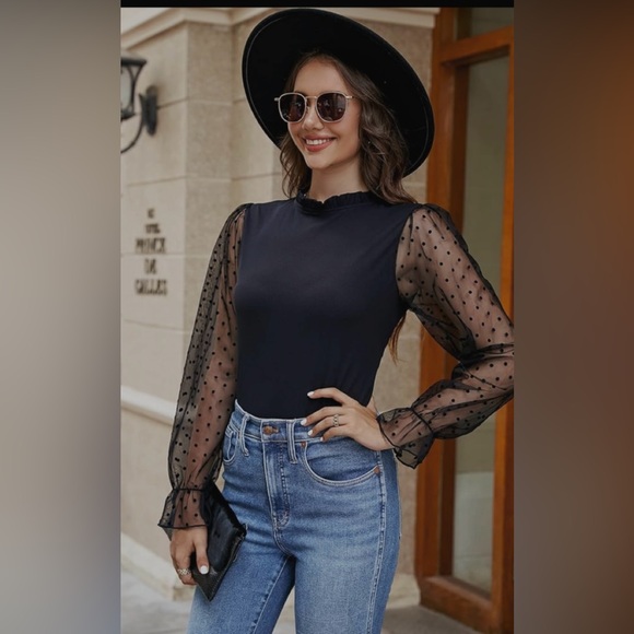 Blooming Jelly Mock Neck Tops Mesh Long Sleeve Shirts Polka Dot Ruffle Elegant - Picture 4 of 13